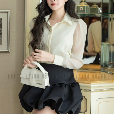 Set áo váy kem đen tùng bí NGADO , set áo váy ngắn tùng bí , set áo sơ mi
