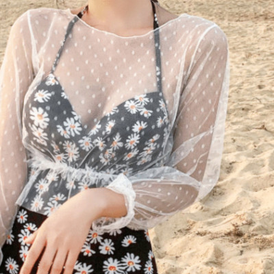 Bộ đồ bơi bikini nữ 1 mảnh đi tắm biển hoa cúc kèm áo croptop ren trắng chấm bi tiểu thư hot trend 2021- B02