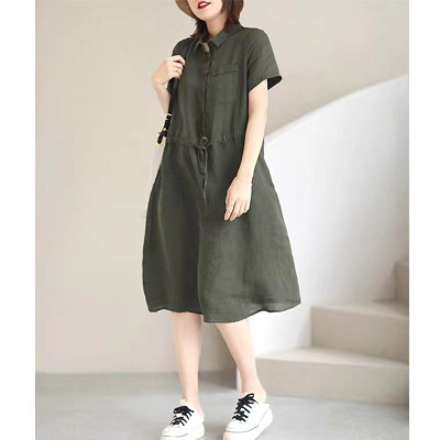 Đầm sơ mi nữ form suông ngắn tay, Đầm đũi nữ cổ sơ mi kèm dây thắt eo màu rêu Da75