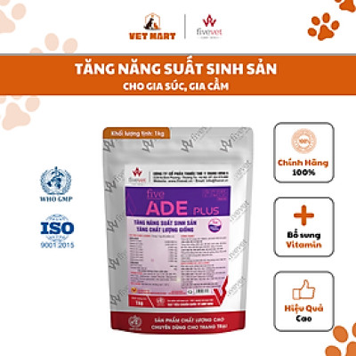 [Gói 1KG] Five ADE Plus hỗ trợ tăng tỉ lệ Ấp Nở, Thụ Thai, Tăng Sản Lượng Trứng cho Lợn, Bò, Gà - Fivevet