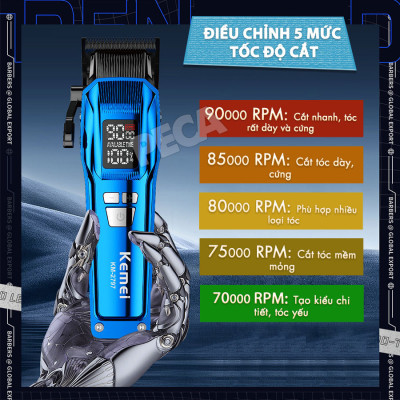 Tông đơ cắt tóc chuyên nghiệp Kemei KM-2796 lưỡi cắt mạ carbon DLC cao cấp có động cơ không chổi than màn hình LCD hiển thị công suất 10W - Tặng kèm lưỡi thay - Chính hãng