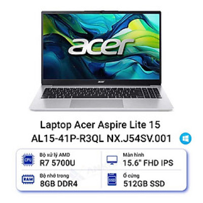 Laptop Acer Aspire Lite 15 AL15 41P R3QL R7 5700U/8GB/512GB/Win11 (NX.J54SV.001) - HÀNG CHÍNH HÃNG