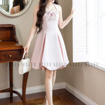 Đầm hồng cổ phối nơ NGADO , đầm ngắn , đầm dự tiệc , dạo phố