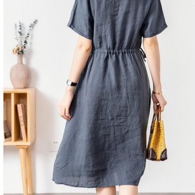 Đầm linen dáng suông cổ V , Đầm sơ mi ngắn tay nhún eo, mặc đi chơi, đi làm Haint Boutique Da173