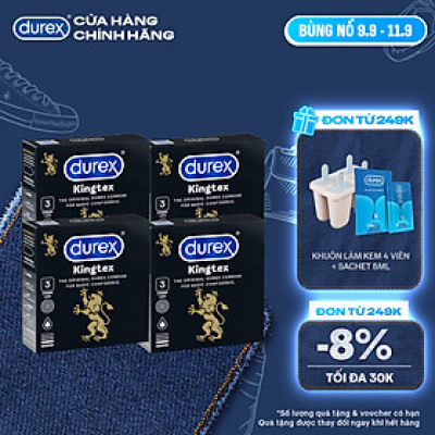 Bộ 4 hộp bao cao su Durex Kingtex ôm sát, bôi trơn (size 49mm, 3 bao/hộp)