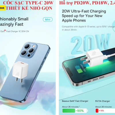 Cốc sạc / Bộ sạc nhanh 1 cổng type-C 20W Baseus GaN5 Mini CCGAN20C5-M _ Hàng chính hãng