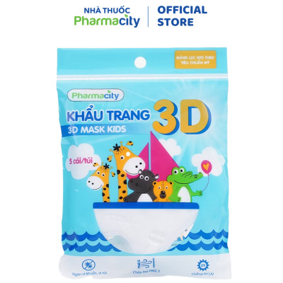 Khẩu trang y tế 3D Pharmacity màng lọc N95 lọc bụi mịn và 99% vi khuẩn (Gói 5 cái)