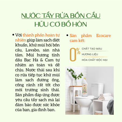 Nước Tẩy Bồn Cầu Hữu Cơ Diệt Khuẩn ECOCARE 1L Hương Cam Bạc Hà Thơm Mát, Chai Tẩy Rửa Nhà Vệ Sinh Siêu Sạch