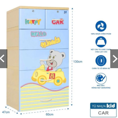 Tủ nhựa 5 tầng Qui Phúc KID màu xanh dương mẫu Car KT 600 x 470 x 1300 mm _ Juno Sofa hàng lắp sẵn