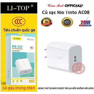 Củ sạc nhanh LI-TOP AC08, PD 20W, đạt chứng nhận 3C tiêu chuẩn quốc gia về an toàn thiêt bị điện, hàng chính hãng bảo hành 12 tháng