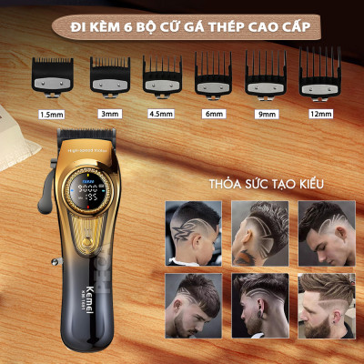 Tông đơ cắt tóc chuyên nghiệp Kemei KM-1691 lưỡi cắt mạ carbon công suất 10W điều chỉnh 40 mức tốc độ - Hàng chính hãng