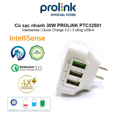 Củ sạc nhanh 3 cổng Prolink PTC32501 Quick charge 3.0 - Hàng chính hãng