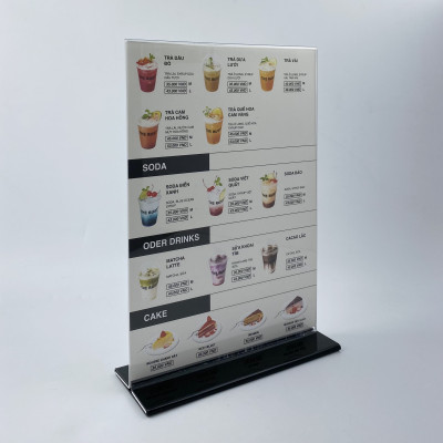 Kệ menu nhà hàng, Standee mica để bàn, Bảng quét mã QR Code, Kệ mica 2 mặt Enter E06-U 210x300mm đế lùa uốn bằng