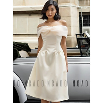 Đầm bẹt vai phối voan kem NGADO, Đầm dự tiệc sang chảnh, Đầm hở vai