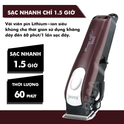 Tông đơ cắt tóc không dây Kemei KM-2600 chuyên nghiệp công suất mạnh mã 9W với pin Lithiumion siêu khủng có thể sử dụng cắm điện trực tiếp thích hợp sử dụng salon, tiệm tóc cắt tóc người lớn và trẻ em