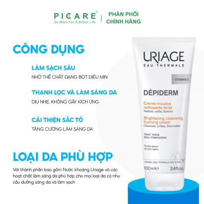Sữa Rửa Mặt Uriage Depiderm Mousse Nettoyante Eclat làm Sáng, Sạch và Thanh Khiết Làn Da