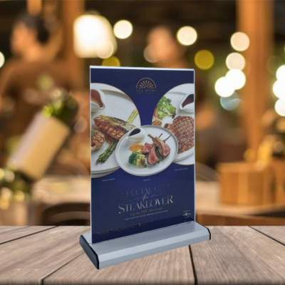 Kệ menu nhà hàng, Standee mica để bàn, Bảng quét mã QR Code, Kệ mica 2 mặt Enter E34 210x150mm đế nhôm A5 ngang