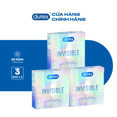 Bộ 3 hộp bao cao su Durex Invisible Extra Thin Extra Sensitive siêu mỏng, size 52mm, 3 bao/hộp