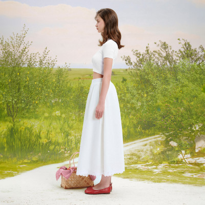 DOTTIE - Chân váy dài rút nhún phối đăng ten - Trắng - S0202