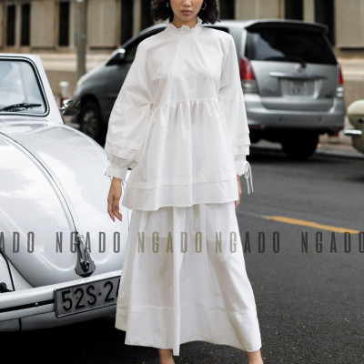 Áo babydoll trắng NGADO , Áo kiểu nữ , Áo tay phồng cột nơ