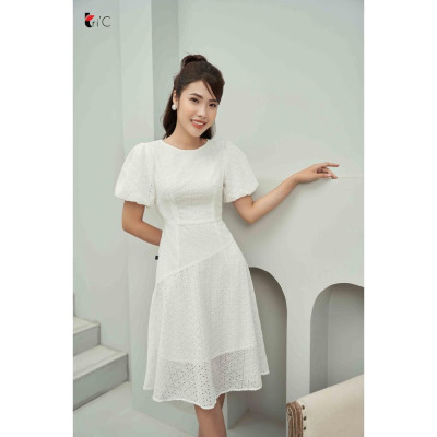 Đầm hoa thêu đục, tay bồng Tri