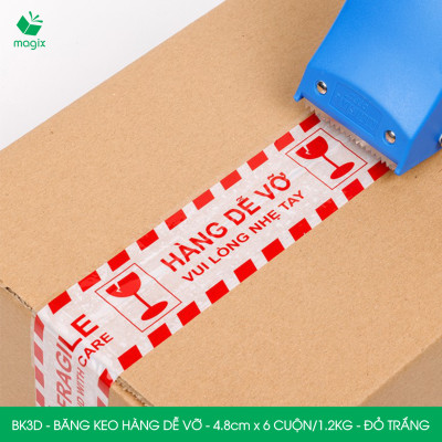BK3D - Băng keo HÀNG DỄ VỠ màu đỏ trắng khổ 4.8 cm - Băng dính niêm phong - 3 cuộn