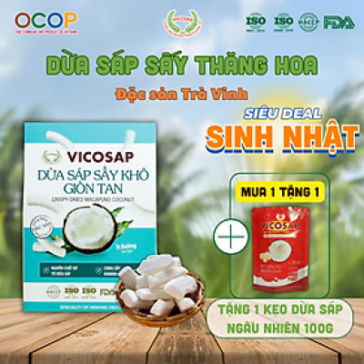 Dừa sáp sấy giòn cao cấp VICOSAP ít đường đồ ăn vặt healthy đặc sản Trà Vinh hộp 25g