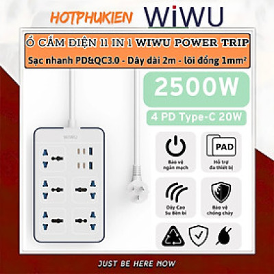 Ổ cắm điện đa năng 11 in 1 2500W WIWU Wi-S006 PS524 4 cổng Type-C (PD 20W), 2 cổng USB-A (2.4A), 5 ổ cắm AC, dây điện dài 2m, Chống cháy, Chip Ai an toàn sạc cho iPhone ipad Macbook Vivo oppo samsung huawei - Hàng nhập khẩu