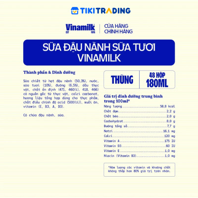 Thùng 48 hộp sữa đậu nành sữa tươi ít đường Vinamilk 180ml