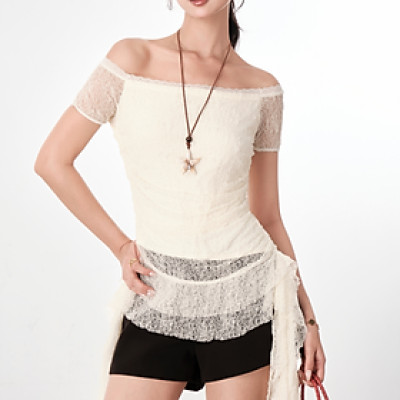 Áo trễ vai ren nhún bèo đính dây tiểu thư Cloudy Miều Est.2013