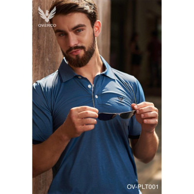 Áo Thun Nam Polo OVERCO Màu Xám Xanh Phối Viền, Chất Vải Poly Mềm Mịn Cao Cấp 