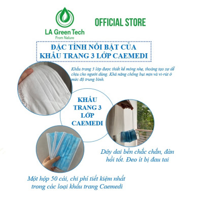 Khẩu trang y tế CAEMEDI 3 lớp Xanh cao cấp, kháng khuẩn, lọc bụi bẩn đạt chuẩn BFE, FDA xuất khẩu Châu Âu - Hộp 50 cái