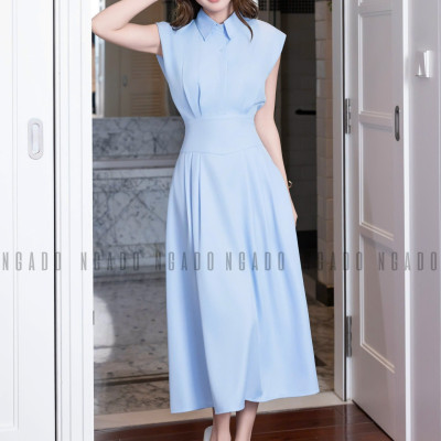 Đầm sơ mi xanh biển xếp ly NGADO , đầm dáng dài , đầm kiểu , đầm sơ mi
