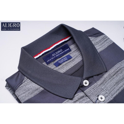 Áo polo nam cộc tay kẻ ngang ghi đen aligro ALGPLO57