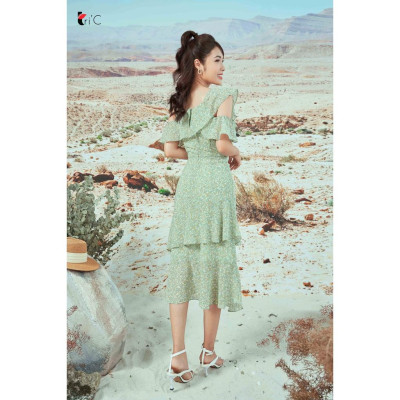 Đầm maxi lệch vai, bèo ngực, chân 2 tầng Tri