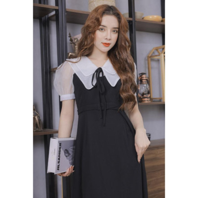 Váy Nữ Cổ Phối Tơ Voan Màu Đen 23V037 Pi Style